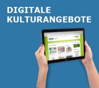 Zwei H&auml;nde halten ein Tablet. Darauf ist die Webseite des LVR zu sehen. Dar&uuml;ber steht: Digitale Kulturangebote